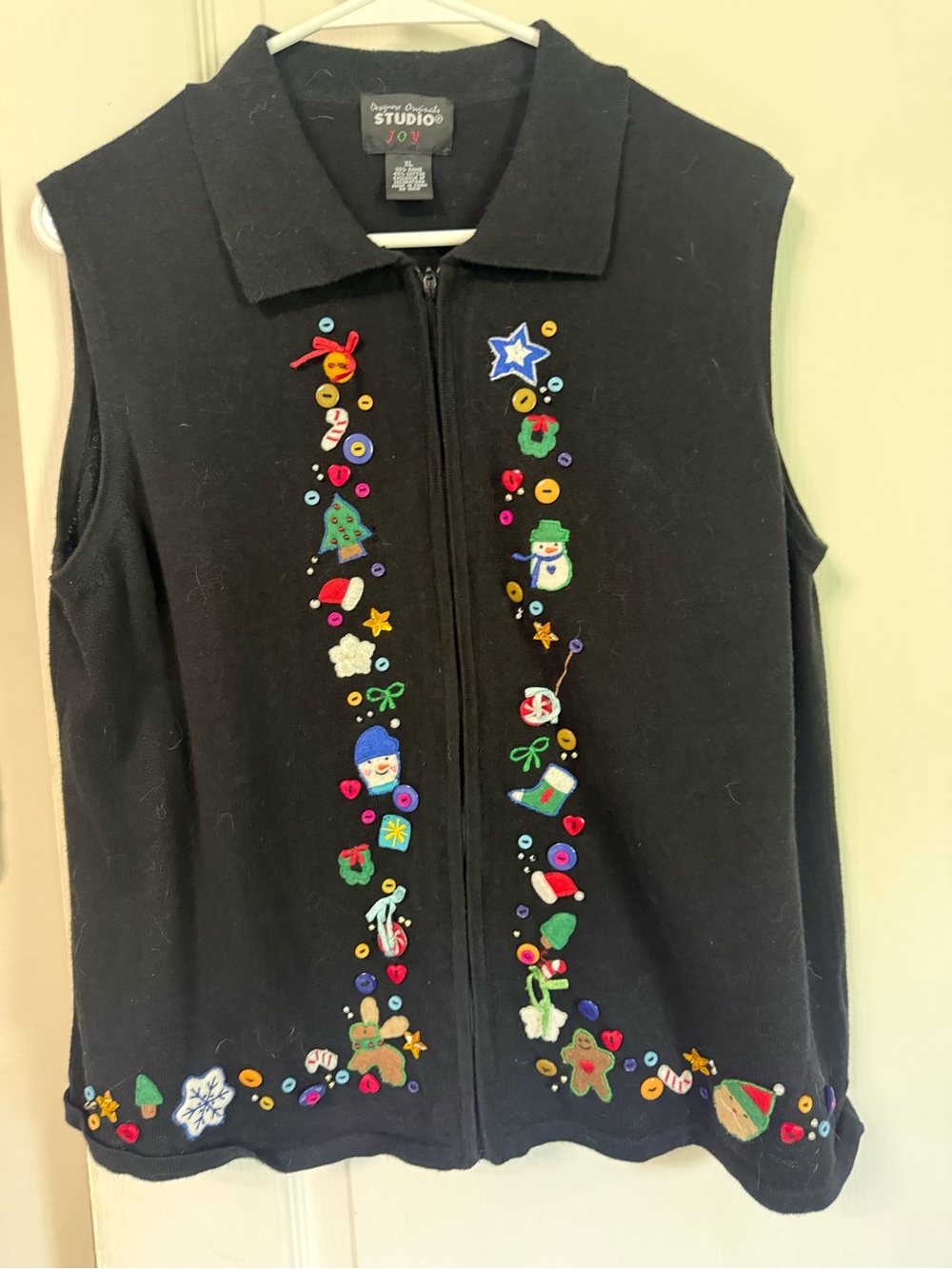 Studio Joy Black Embellished Holiday Zip-Front Sweater Vest